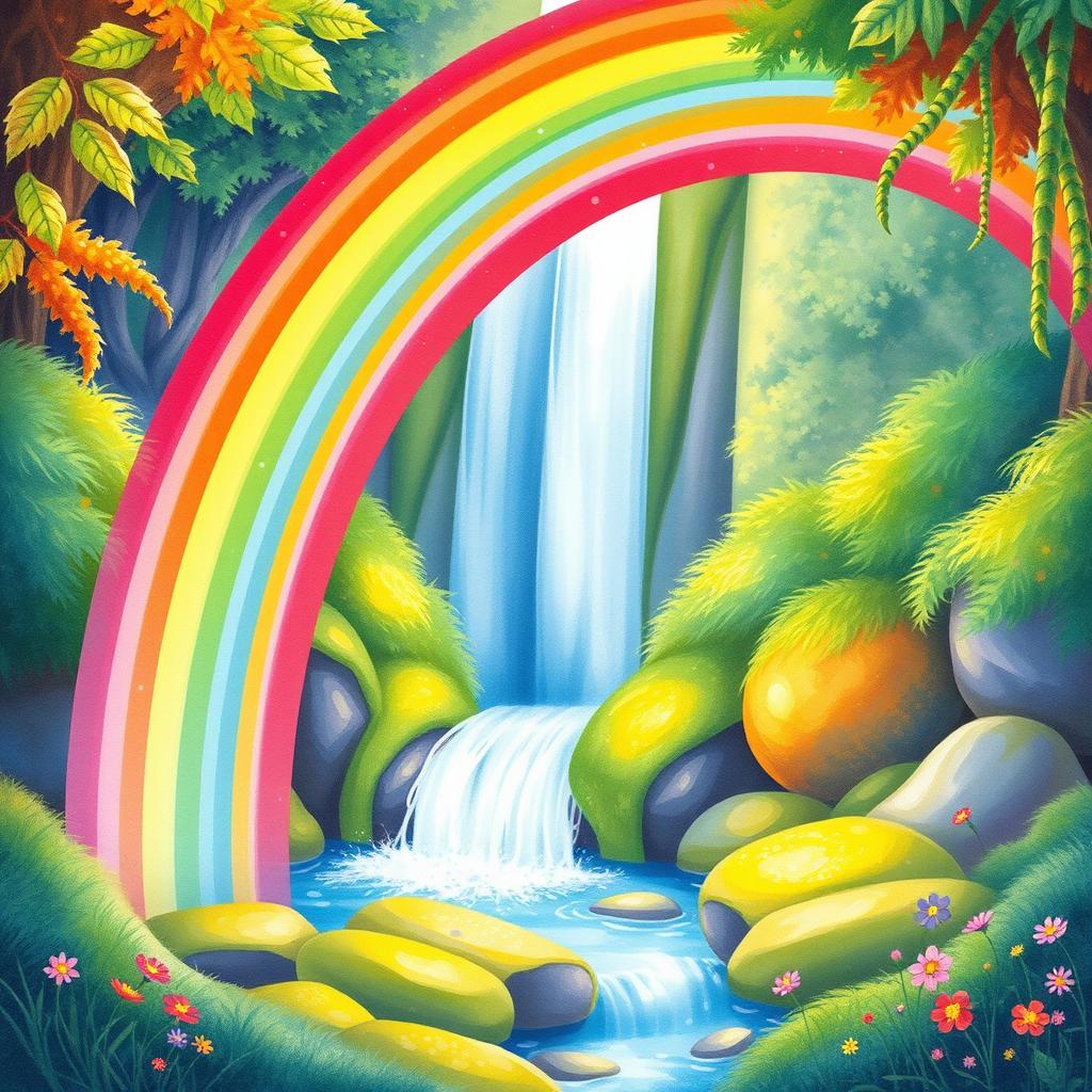 A beautiful rainbow arching over a majestic waterfall, captured in a whimsical watercolor style