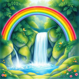 A beautiful rainbow arching over a majestic waterfall, captured in a whimsical watercolor style