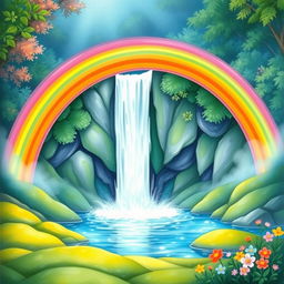 A beautiful rainbow arching over a majestic waterfall, captured in a whimsical watercolor style