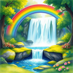 A beautiful rainbow arching over a majestic waterfall, captured in a whimsical watercolor style