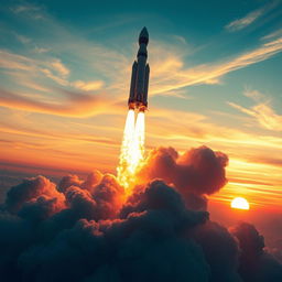 A majestic rocket launch captured as a digital art poster, depicting the rocket ascending through the atmosphere with a vibrant burst of flames and smoke trailing behind