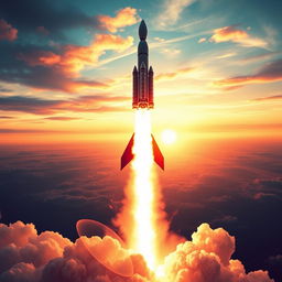 A majestic rocket launch captured as a digital art poster, depicting the rocket ascending through the atmosphere with a vibrant burst of flames and smoke trailing behind