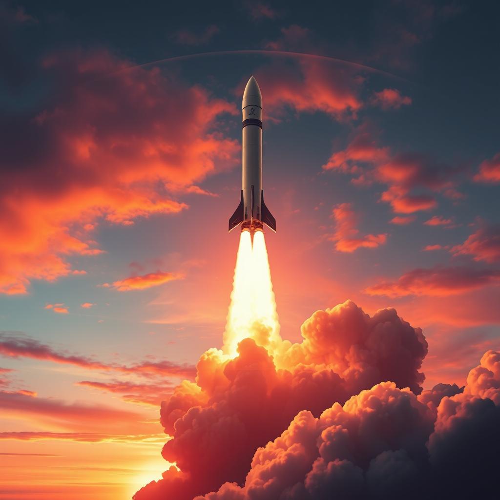 A majestic rocket launch captured as a digital art poster, depicting the rocket ascending through the atmosphere with a vibrant burst of flames and smoke trailing behind