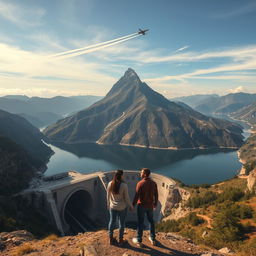 A breathtaking view of a majestic mountain towering over a high-altitude hydroelectric pumped storage reservoir