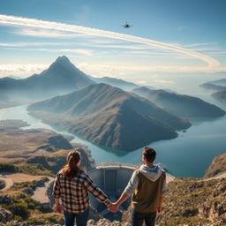 A breathtaking view of a majestic mountain towering over a high-altitude hydroelectric pumped storage reservoir