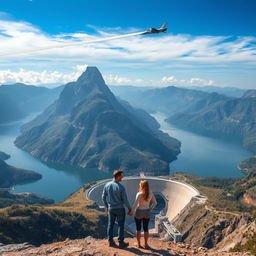 A breathtaking view of a majestic mountain towering over a high-altitude hydroelectric pumped storage reservoir