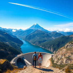 A breathtaking view of a majestic mountain towering over a high-altitude hydroelectric pumped storage reservoir