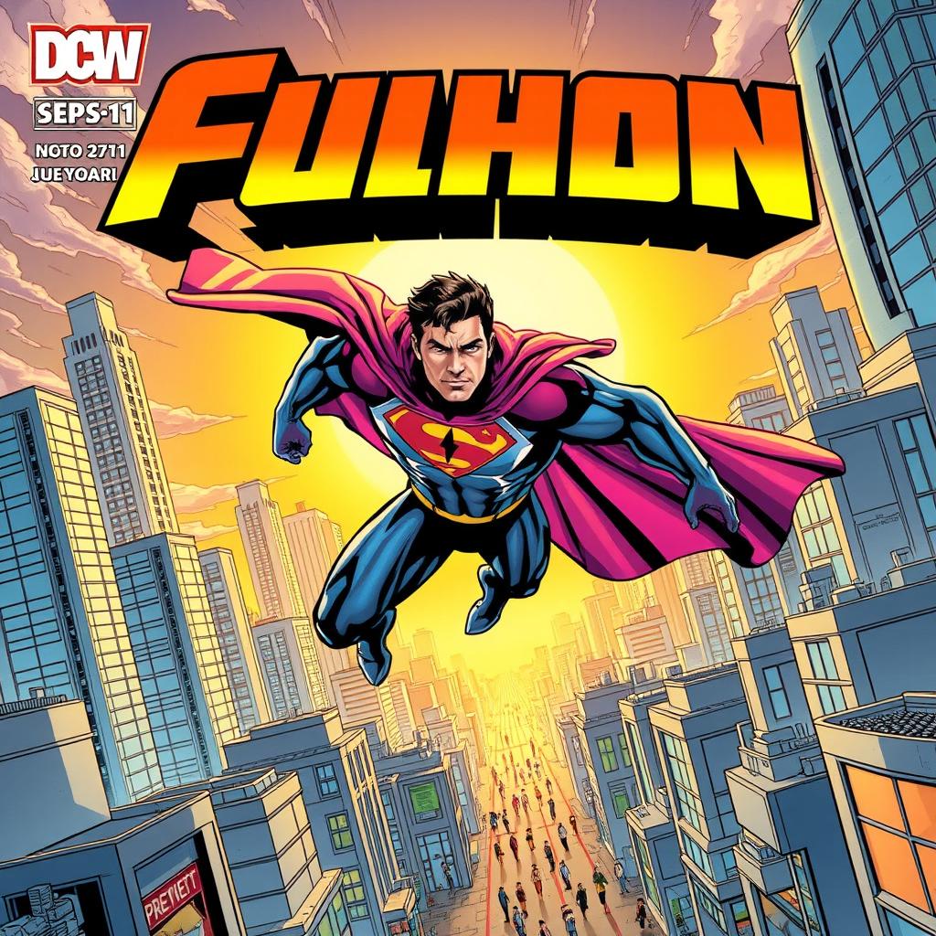 A bold and dynamic comic book cover featuring a superhero in action