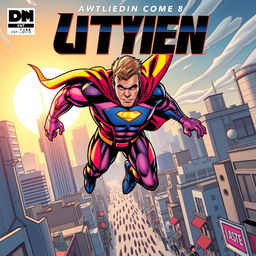 A bold and dynamic comic book cover featuring a superhero in action