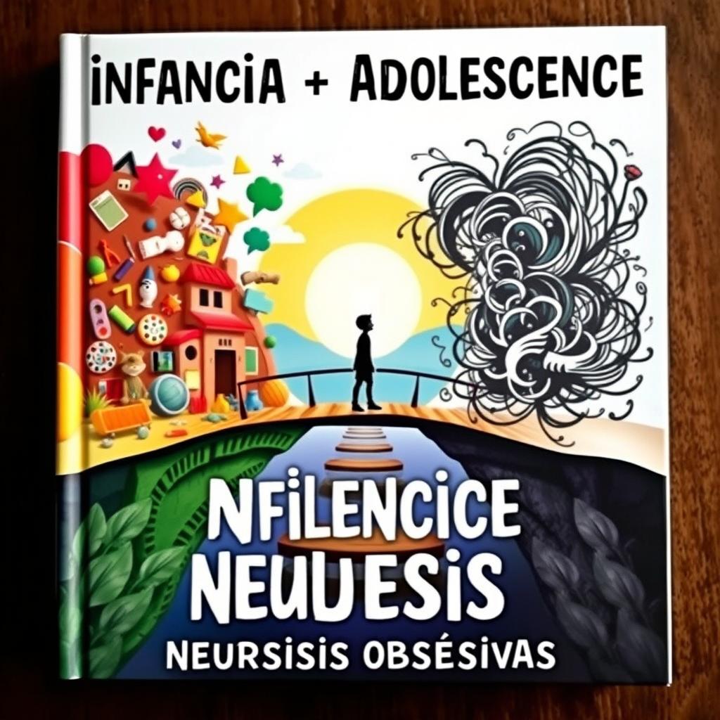 A symbolic and thought-provoking book cover depicting the transition from childhood to adolescence, featuring a young person standing on a bridge between two contrasting landscapes: one vibrant and filled with playful childhood elements like toys and crayons, and the other more subdued and complex, representing the struggles of adolescence with abstract, swirling shapes symbolizing obsessive thoughts and neurosis