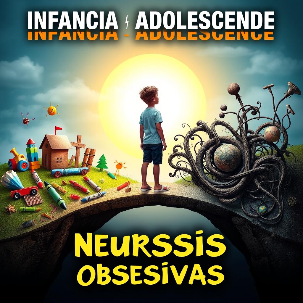 A symbolic and thought-provoking book cover depicting the transition from childhood to adolescence, featuring a young person standing on a bridge between two contrasting landscapes: one vibrant and filled with playful childhood elements like toys and crayons, and the other more subdued and complex, representing the struggles of adolescence with abstract, swirling shapes symbolizing obsessive thoughts and neurosis