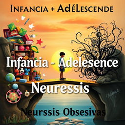 A symbolic and thought-provoking book cover depicting the transition from childhood to adolescence, featuring a young person standing on a bridge between two contrasting landscapes: one vibrant and filled with playful childhood elements like toys and crayons, and the other more subdued and complex, representing the struggles of adolescence with abstract, swirling shapes symbolizing obsessive thoughts and neurosis