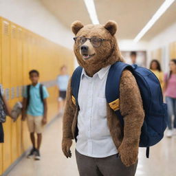 A charming bear, wearing stylish glasses and a school backpack, standing in a dynamic high school scene with teenagers, lockers lining the halls, and schedules in hands. He looks both nervous and excited for his first day.