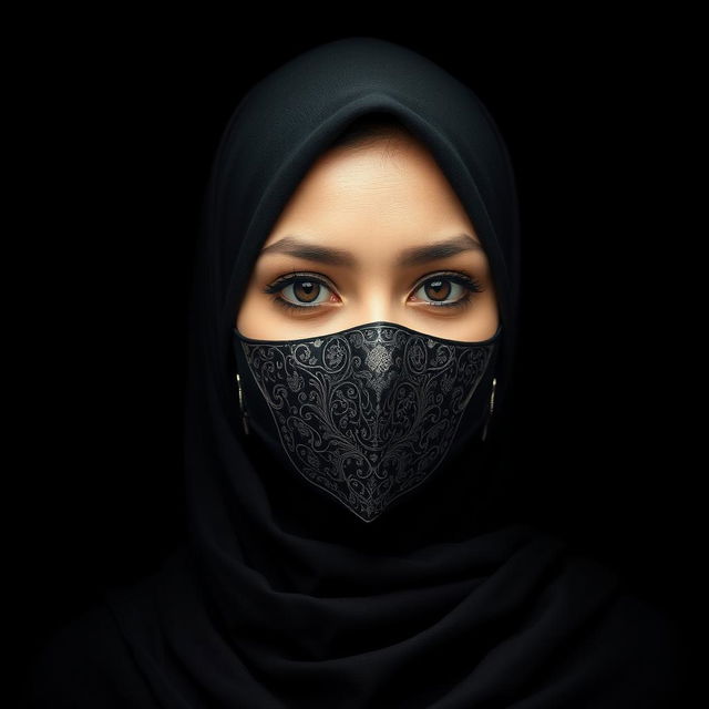 A woman wearing a hijab and a mask, standing against a dark background