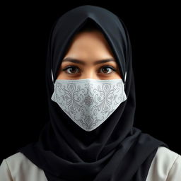 A woman wearing a hijab and a mask, standing against a dark background