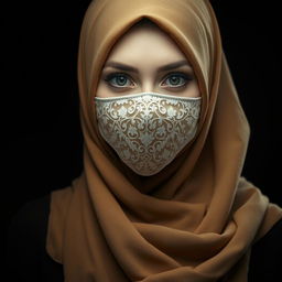 A woman wearing a hijab and a mask, standing against a dark background