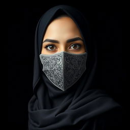 A woman wearing a hijab and a mask, standing against a dark background