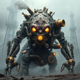 A colossal monster steampunk cyborg, combining organic monstrous features with intricate steampunk machinery