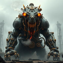 A colossal monster steampunk cyborg, combining organic monstrous features with intricate steampunk machinery