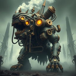 A colossal monster steampunk cyborg, combining organic monstrous features with intricate steampunk machinery