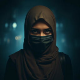 A woman wearing a hijab with a mask in a dark and eerie setting, surrounded by shadows and faint, mysterious lights