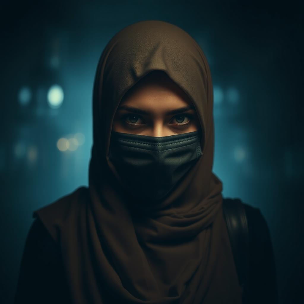 A woman wearing a hijab with a mask in a dark and eerie setting, surrounded by shadows and faint, mysterious lights