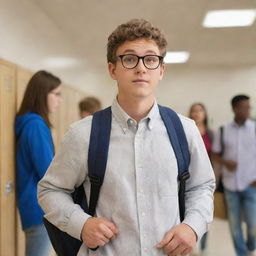 A charming bear, wearing stylish glasses and a school backpack, standing in a dynamic high school scene with teenagers, lockers lining the halls, and schedules in hands. He looks both nervous and excited for his first day.