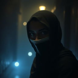 A woman wearing a hijab with a mask in a dark and eerie setting, surrounded by shadows and faint, mysterious lights