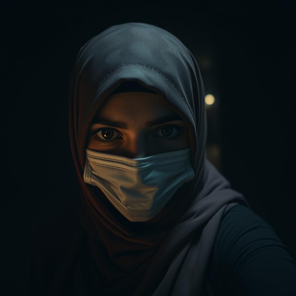 A woman wearing a hijab with a mask in a dark and eerie setting, surrounded by shadows and faint, mysterious lights