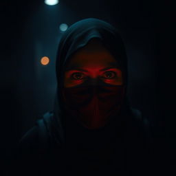 A woman wearing a hijab with a mask in a dark and eerie setting, surrounded by shadows and faint, mysterious lights