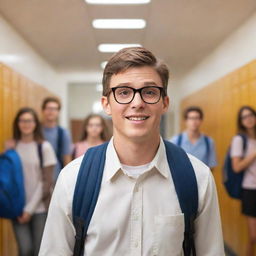 A charming bear, wearing stylish glasses and a school backpack, standing in a dynamic high school scene with teenagers, lockers lining the halls, and schedules in hands. He looks both nervous and excited for his first day.