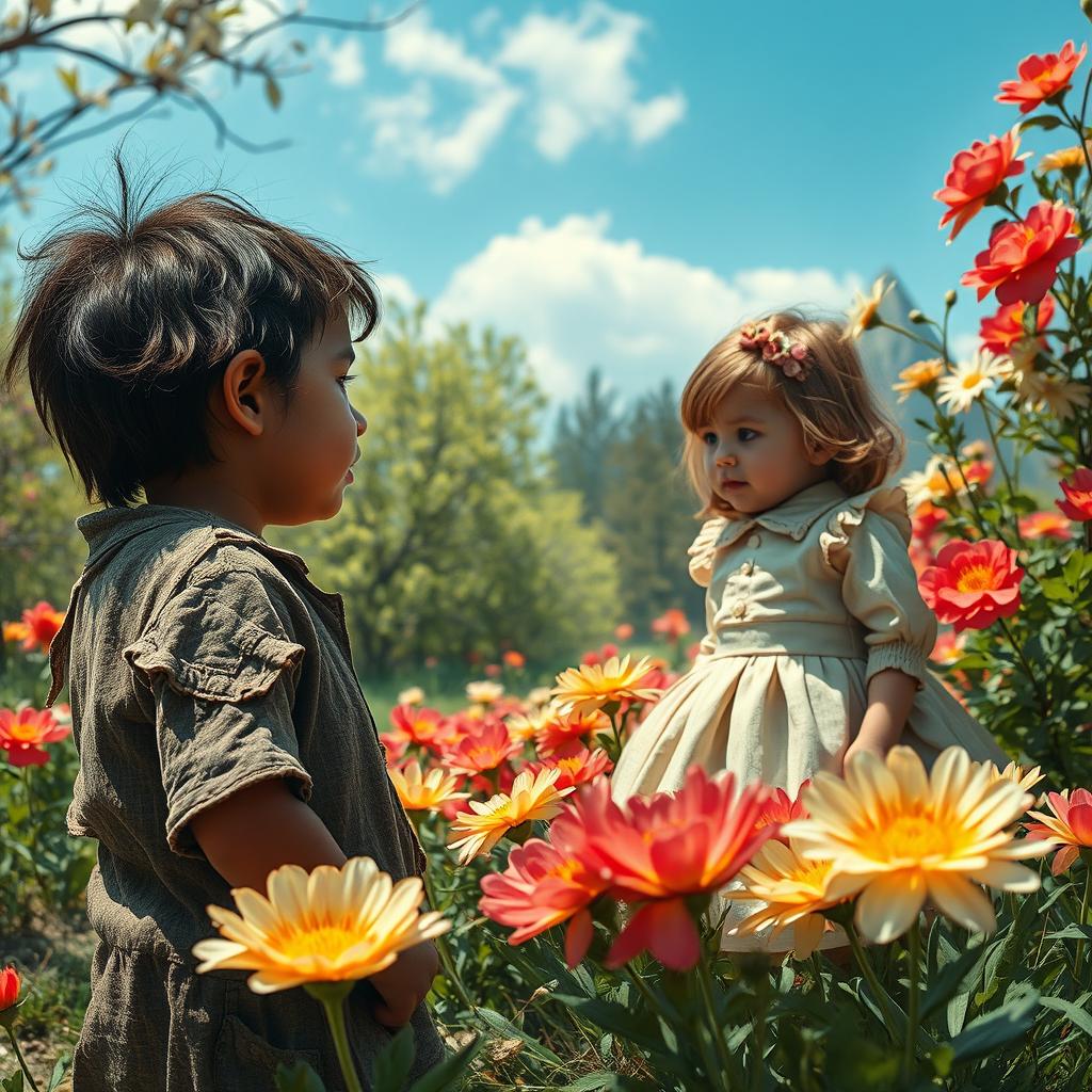 In a picturesque spring setting, a scene depicts a poignant contrast between a poor child in tattered rags gazing towards a rich child