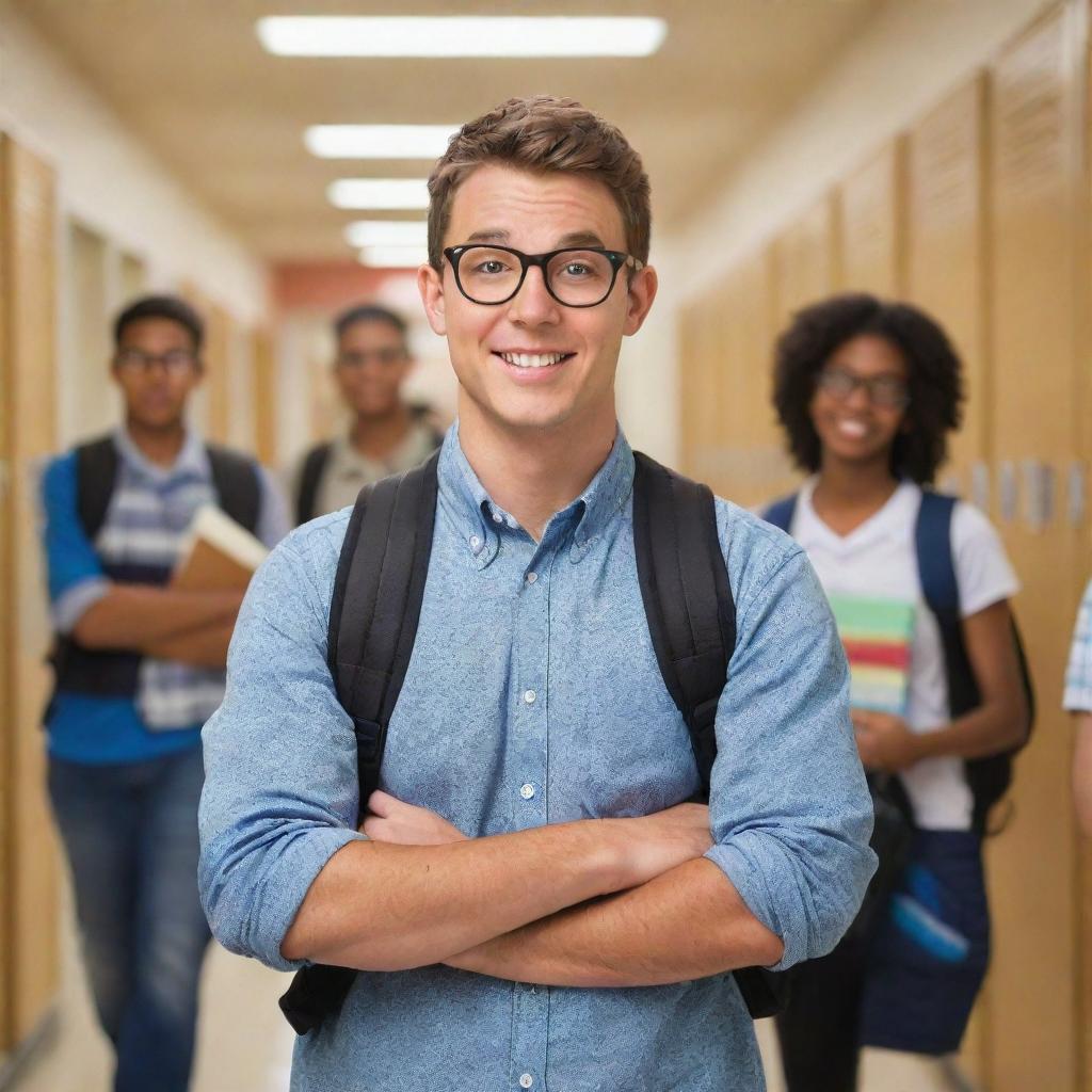 A charming bear, wearing stylish glasses and a school backpack, standing in a dynamic high school scene with teenagers, lockers lining the halls, and schedules in hands. He looks both nervous and excited for his first day.