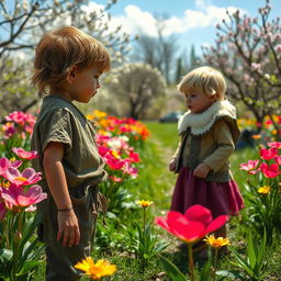 In a picturesque spring setting, a scene depicts a poignant contrast between a poor child in tattered rags gazing towards a rich child