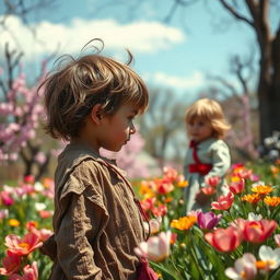 In a picturesque spring setting, a scene depicts a poignant contrast between a poor child in tattered rags gazing towards a rich child