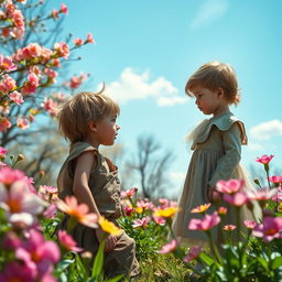 In a picturesque spring setting, a scene depicts a poignant contrast between a poor child in tattered rags gazing towards a rich child