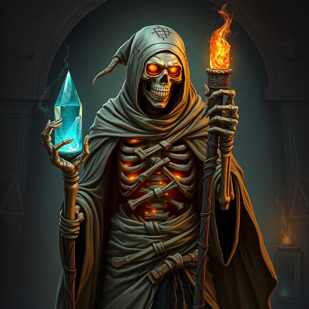 An undead archmage embodying both skeletal and mummy elements, exudes an aura of malevolent power