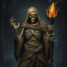 An undead archmage embodying both skeletal and mummy elements, exudes an aura of malevolent power