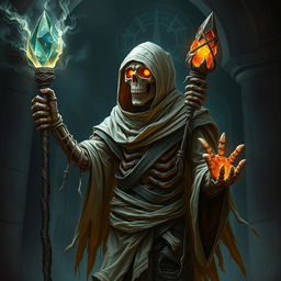 An undead archmage embodying both skeletal and mummy elements, exudes an aura of malevolent power