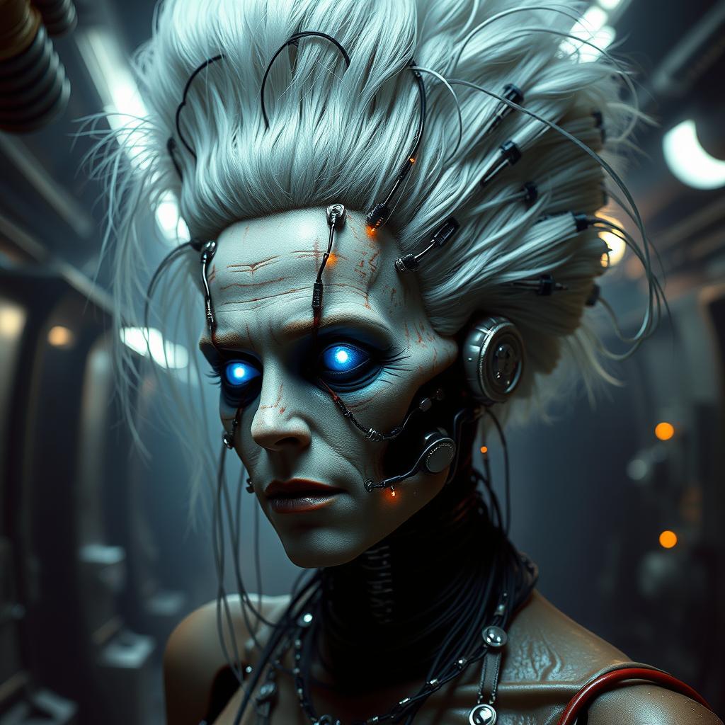 A terrifying reimagining of the Bride of Frankenstein as a cyborg, merging classic horror elements with futuristic cybernetics