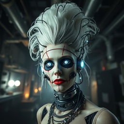 A terrifying reimagining of the Bride of Frankenstein as a cyborg, merging classic horror elements with futuristic cybernetics