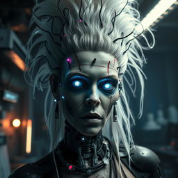 A terrifying reimagining of the Bride of Frankenstein as a cyborg, merging classic horror elements with futuristic cybernetics