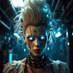 A terrifying reimagining of the Bride of Frankenstein as a cyborg, merging classic horror elements with futuristic cybernetics