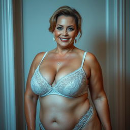 A confident and beautiful mature woman with voluptuous curves, elegantly showcased in exquisite lingerie