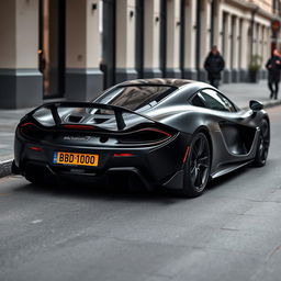 matte black McLaren P1 with a car plate reading "TN 10 BD 1010", highlighting its futuristic design and aerodynamic curves, set against a stylish urban backdrop that emphasizes the elegance and power of the vehicle's presence