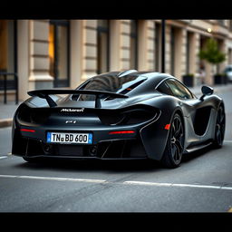 matte black McLaren P1 with a car plate reading "TN 10 BD 1010", highlighting its futuristic design and aerodynamic curves, set against a stylish urban backdrop that emphasizes the elegance and power of the vehicle's presence