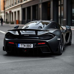 matte black McLaren P1 with a car plate reading "TN 10 BD 1010", highlighting its futuristic design and aerodynamic curves, set against a stylish urban backdrop that emphasizes the elegance and power of the vehicle's presence