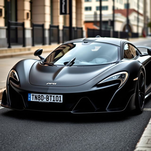 matte black McLaren P1 with a car plate reading "TN 10 BD 1010", highlighting its futuristic design and aerodynamic curves, set against a stylish urban backdrop that emphasizes the elegance and power of the vehicle's presence