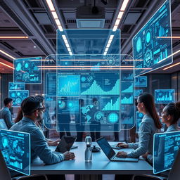 A futuristic workspace featuring a generative AI interface, displaying complex data visualizations and insights on multiple holographic screens