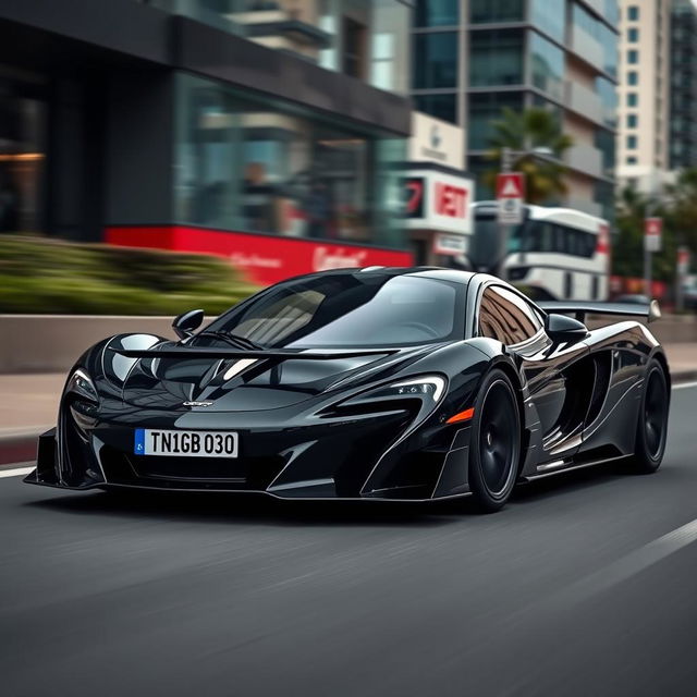 black McLaren P1 with a car plate reading "TN 10 BD 1010", emphasizing its modern and aerodynamic design, set against a dynamic urban landscape that accentuates the car's powerful and luxurious presence